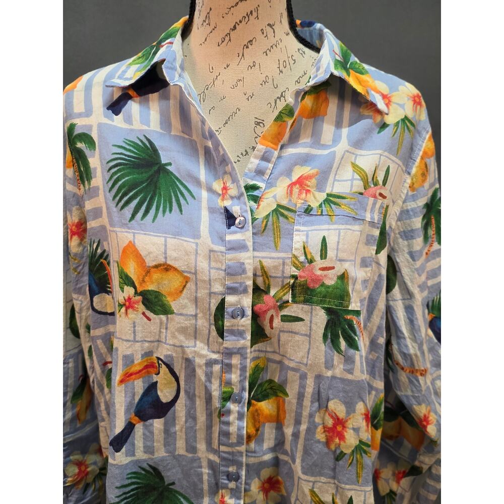 True Destinations Cotton Button Front Tunic Shirt Cover Up Oversized Resort Med